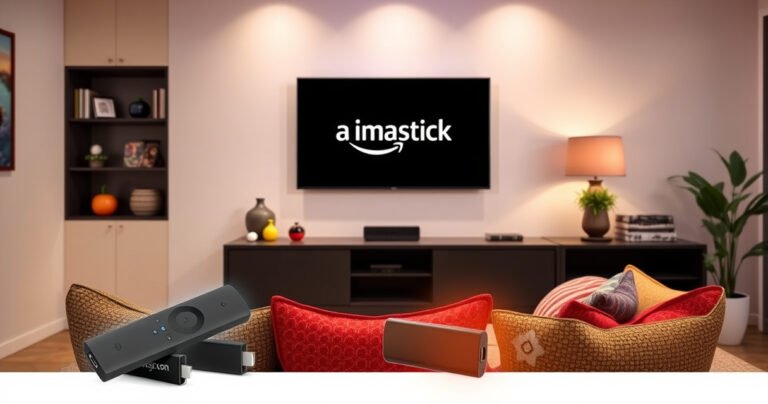 A vibrant scene showcasing a modern living room with a sleek flat-screen TV mounted on the wall, a cozy couch adorned with colorful cushions, and a glowing Amazon Fire Stick device prominently displayed, surrounded by tech gadgets and streaming icons, all set against a warm, inviting ambiance that invites viewers to explore technology and compatibility.