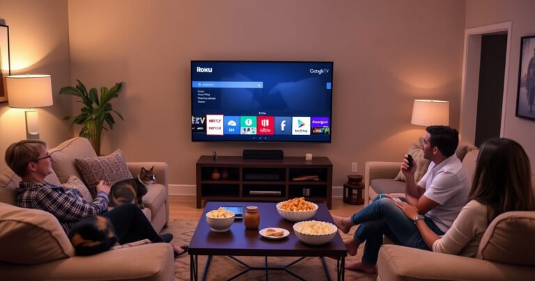 A cozy living room featuring a sleek TV displaying both Roku and Google TV interfaces, surrounded by plush couches, a coffee table with snacks, and soft ambient lighting. A curious cat lounges nearby, while a family gathers, engaged in a friendly debate about streaming choices, with popcorn bowls and a remote control in hand.