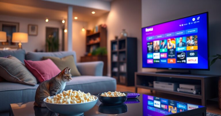 A cozy living room featuring a modern smart TV displaying the Roku interface, a plush sofa with colorful cushions, a bowl of popcorn on a stylish coffee table, soft ambient lighting creating a warm atmosphere, and a curious cat peering at the screen, capturing the essence of home entertainment and technology integration.
