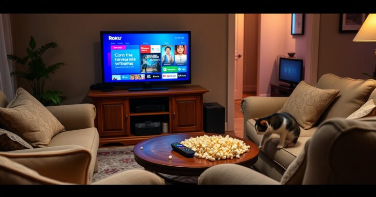 A cozy living room with a classic non-smart TV displaying a vibrant Roku interface, surrounded by comfy furniture, popcorn on a coffee table, and a curious cat peering at the screen. Soft lighting illuminates the room, with a hint of modern technology peeking from the corner, showcasing the blend of old and new entertainment.