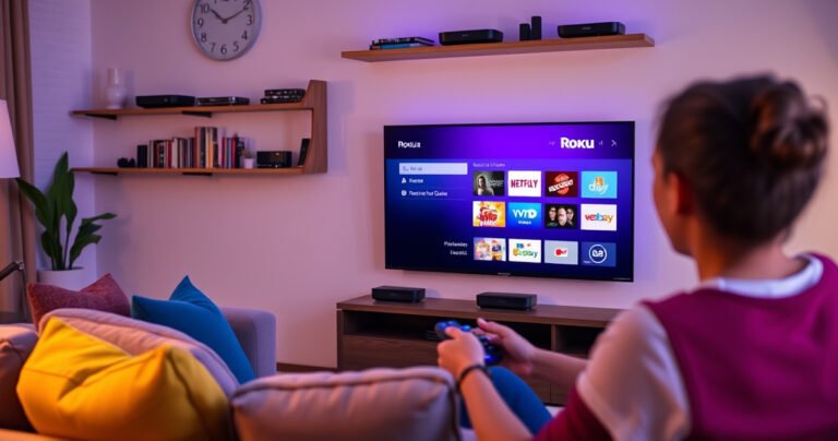 A vibrant living room scene featuring a sleek smart TV displaying the Roku interface, surrounded by a cozy sofa and colorful cushions. Soft ambient lighting creates a welcoming atmosphere, while a person interacts with a remote, showing excitement. In the background, a wall-mounted shelf holds various streaming devices and a collection of DVDs, emphasizing a modern entertainment setup.