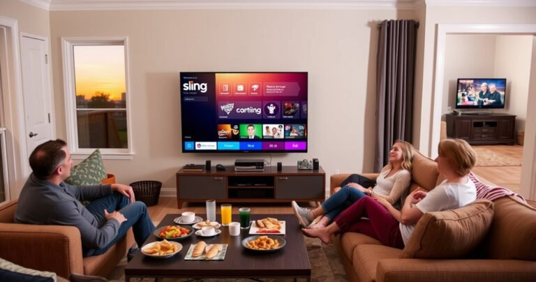 A cozy living room with a large flat-screen TV displaying a vibrant Sling TV interface, surrounded by snacks and drinks on a coffee table. A family of four is relaxed on a plush sofa, with a window showing a sunset outside. In the background, a second room hints at a different location with a TV playing the same content.