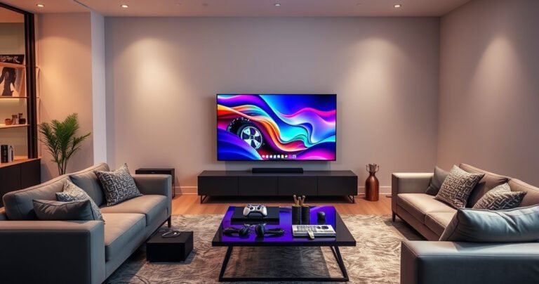 A sleek modern living room showcasing a large flat-screen TV displaying a vibrant computer desktop, with a comfortable couch and stylish coffee table adorned with tech gadgets. Soft ambient lighting highlights the seamless transition of the TV from entertainment to productivity, blending casual and professional elements for a tech-savvy lifestyle.