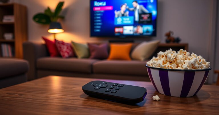 A cozy living room scene featuring a sleek Roku remote resting on a coffee table, with a large flat-screen TV in the background displaying the Roku interface. Soft, warm lighting illuminates the space, highlighting a comfortable couch adorned with colorful pillows, while a bowl of popcorn sits invitingly nearby, evoking a perfect movie night atmosphere.