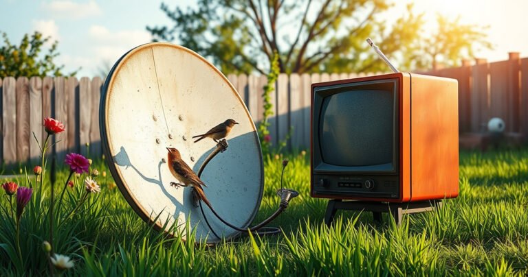 A rustic backyard scene featuring an old satellite dish repurposed as a TV antenna, surrounded by vibrant green grass and blooming flowers. Sunlight casts a warm glow, illuminating the dish's textures, while a whimsical bird perches on the edge, curiously peering at a nearby vintage TV set displaying static, evoking a sense of innovation and nostalgia.