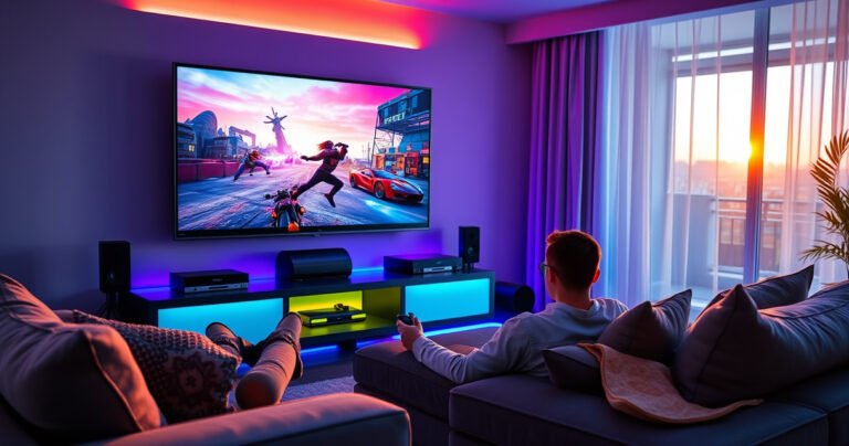 A sleek modern living room showcasing a large flat-screen TV as a gaming monitor, vibrant colors illuminating the space. A gamer intensely focused on a colorful action-packed video game, surrounded by plush furniture and ambient LED lights. Controllers scattered around, snacks nearby, with a window revealing a sunset, casting warm hues across the room.