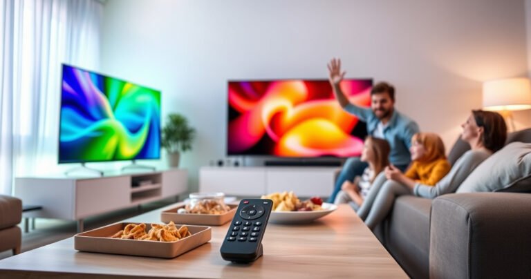 A cozy living room with a sleek smart TV displaying vibrant colors, a universal remote resting on a modern coffee table surrounded by snacks and a comfy couch, soft ambient lighting creating a warm atmosphere, and a family excitedly interacting with the TV, showcasing the perfect blend of technology and togetherness.