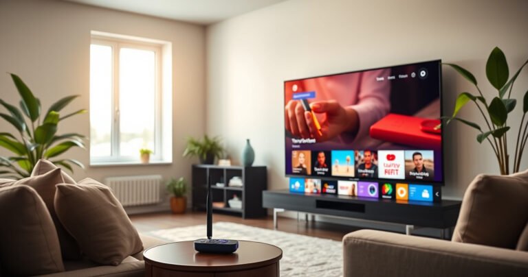 A sleek modern living room featuring a stylish Roku TV displaying vibrant streaming content, adjacent to a window with sunlight filtering in. An elegant antenna is prominently placed on a side table, surrounded by cozy furniture and lush indoor plants, evoking a sense of connection and entertainment in a warm, inviting atmosphere.
