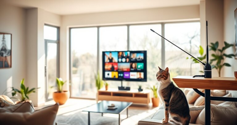 A sleek, modern living room featuring a large smart TV displaying vibrant channels, with a stylish antenna perched on a wooden shelf. Sunlight filters through large windows, illuminating the room filled with cozy furniture, potted plants, and a warm color palette. A curious cat inspects the antenna, adding a playful touch to the scene.