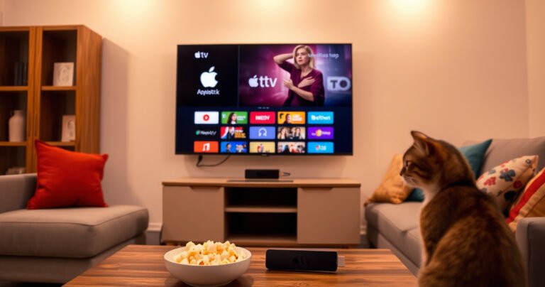 A cozy living room scene featuring a sleek TV displaying the Apple TV interface, a Firestick plugged in below, soft ambient lighting, a comfortable couch with colorful throw pillows, a bowl of popcorn on a coffee table, and a curious cat watching intently, creating a warm, inviting atmosphere for streaming entertainment.