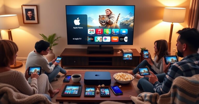 A cozy living room scene with a family gathered around a large flat-screen TV, displaying the Apple TV interface. Various devices like tablets and smartphones are scattered on a coffee table, showing the same content. Warm lighting, popcorn bowls, and comfy blankets create an inviting atmosphere that captures togetherness and modern technology.