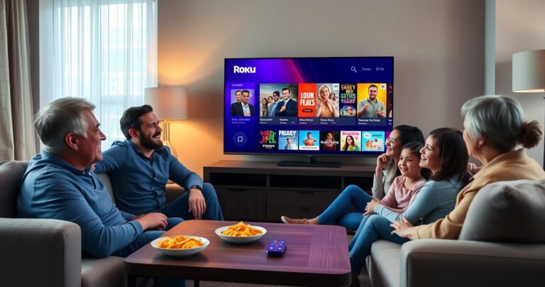 A cozy living room scene featuring a modern Roku TV displaying vibrant cable TV content, surrounded by a plush sofa, snacks on a coffee table, and soft ambient lighting. A family enjoying their time together, with expressions of joy and engagement as they watch their favorite shows, showcasing the harmony of technology and home entertainment.