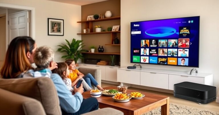 A cozy living room featuring a modern Roku TV displaying colorful streaming options, with a plush couch and a coffee table filled with snacks. Soft lighting creates an inviting atmosphere, while a family gathers around, engaged in the excitement of choosing what to watch. A sleek cable box sits discreetly beside the TV, hinting at connectivity.