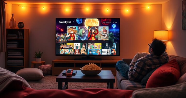 A cozy living room with a large flat-screen TV displaying vibrant anime scenes from Crunchyroll, a bowl of popcorn on a coffee table, soft pillows scattered around, ambient warm lighting creating a welcoming atmosphere, and a person comfortably lounging on a couch, immersed in the colorful world of anime.