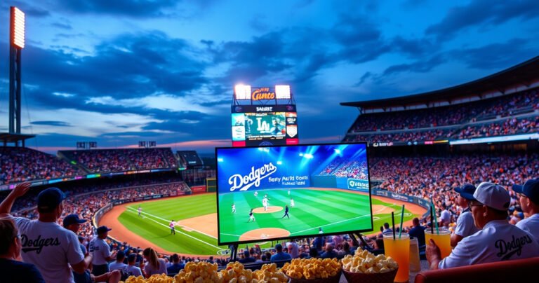 A vibrant baseball stadium under a dusky sky, filled with enthusiastic fans wearing Dodgers gear, a glowing scoreboard displaying the game score, and colorful banners waving in the breeze. In the foreground, a sleek smart TV shows a live stream of the game, surrounded by popcorn and drinks, creating an inviting atmosphere for home viewing.