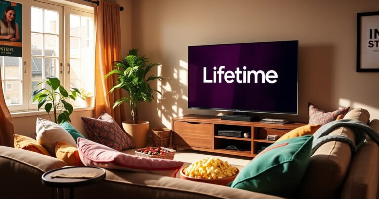 A cozy living room scene featuring a large TV displaying the Lifetime logo, surrounded by snacks like popcorn and candy. A plush sofa with colorful throw pillows invites viewers to relax. Sunlight streams through a window, casting a warm glow, while a potted plant adds a touch of green, creating a perfect viewing atmosphere.