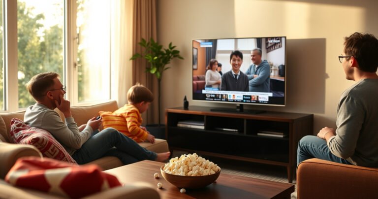 A cozy living room scene featuring a sleek Apple TV on a modern entertainment center, with a family gathered around, joyfully watching a local news broadcast. Sunlight streams through the window, illuminating colorful cushions on a plush sofa, while a bowl of popcorn sits invitingly on the coffee table, creating a warm, inviting atmosphere.
