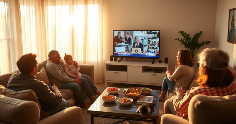 A cozy living room with a sleek Apple TV displaying a vibrant local news broadcast, surrounded by family members on a comfortable couch. Sunlight filters through sheer curtains, illuminating snacks on a coffee table, while a cat lounges nearby, creating a warm, inviting atmosphere that captures the essence of home entertainment.