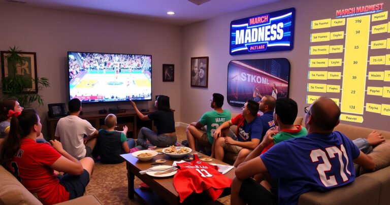 A vibrant living room scene filled with excited fans watching a basketball game on a large TV screen, snacks scattered on a coffee table, colorful team jerseys draped over the couch, and a bright March Madness bracket displayed on the wall, capturing the energy and excitement of tournament time.