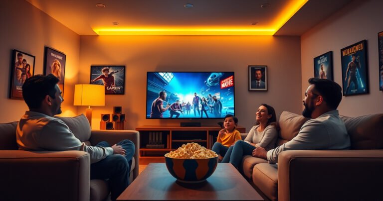 A cozy living room scene at dusk, with a large TV displaying vibrant movie scenes, soft golden light illuminating plush sofas, a bowl of popcorn on the coffee table, movie posters on the walls, and a family of four enjoying the moment together, laughter and smiles reflecting the joy of movie watching.