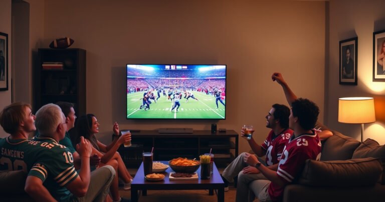 A cozy living room with a sleek Samsung TV displaying an NFL game, vibrant team colors shining on the screen. Surrounding the TV are snacks, drinks, and excited fans in team jerseys, cheering and celebrating. The ambiance is warm and inviting, with soft lighting and a football-themed decor that enhances the game-watching experience.