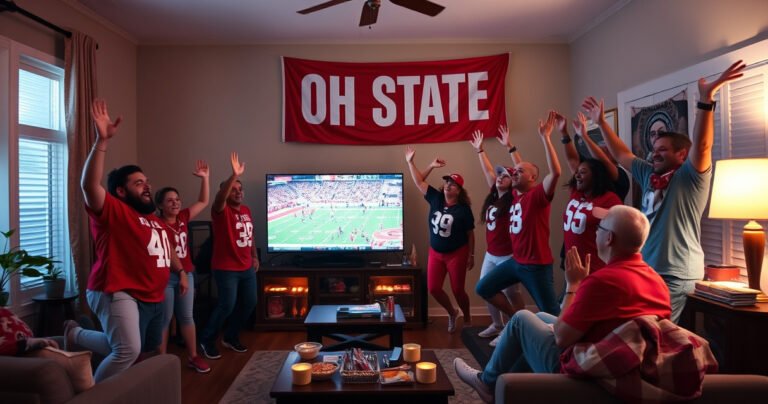 A vibrant living room filled with enthusiastic fans, decked out in Ohio State gear, jumping in excitement as they watch a thrilling football game on a large TV screen. The atmosphere is electric, with snacks scattered around, a big Ohio State banner hanging on the wall, and a warm glow from a nearby lamp illuminating their joyful faces.