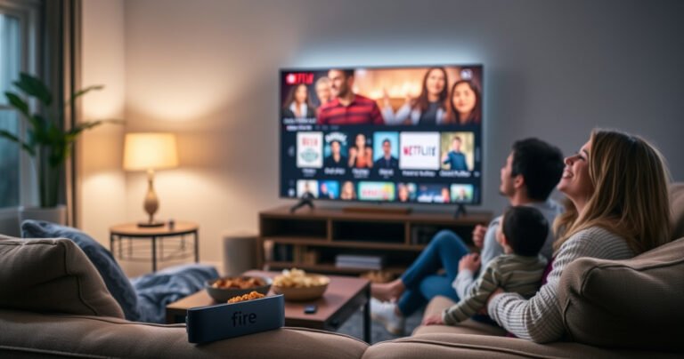 A cozy living room scene featuring a modern Fire TV streaming device prominently displayed, surrounded by a comfortable couch, snacks, and a glowing screen showcasing a variety of popular TV shows. Soft lighting creates a warm atmosphere, while a family happily watches together, emphasizing the blend of traditional TV viewing and modern streaming technology.