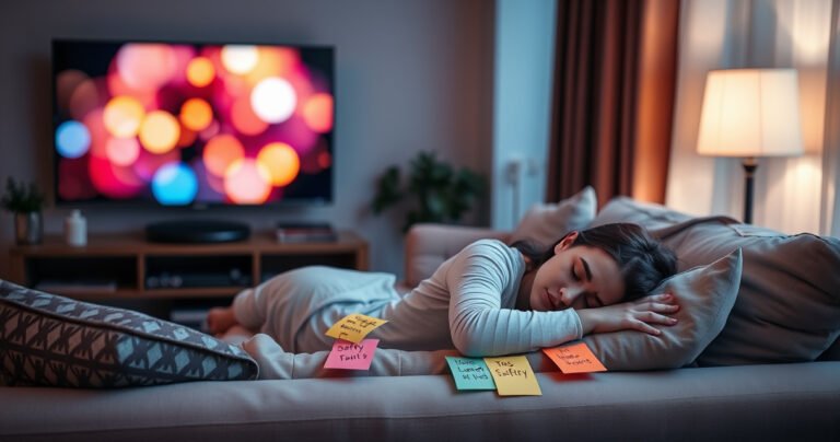 A cozy living room with a dimly lit atmosphere, a plush sofa adorned with soft pillows, a flickering TV screen showing abstract colors, a concerned person resting their head on a cushion, surrounded by safety tips written on colorful sticky notes, a gentle lamp casting warm light, emphasizing the importance of comfort and caution.