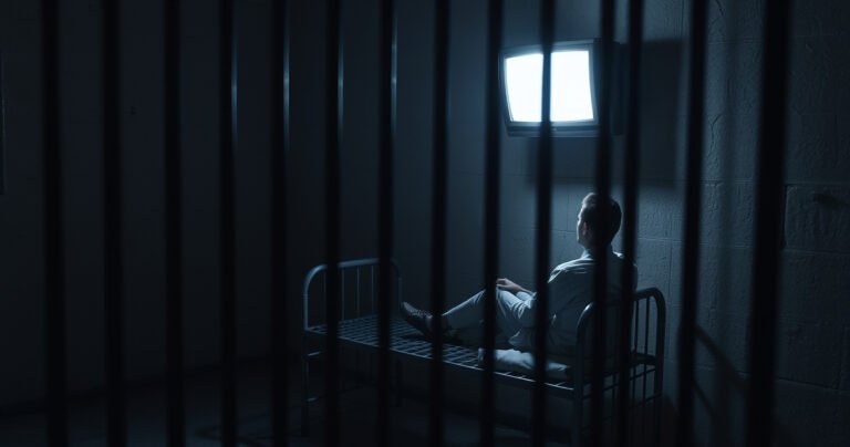 A dimly lit prison cell with a flickering small TV mounted on the wall, casting shadows on the gray concrete. A solitary inmate sits on a metal bunk, eyes glued to the screen, surrounded by sparse belongings. Bars cast a stark pattern of light and shadow, evoking a sense of isolation and longing for the outside world.