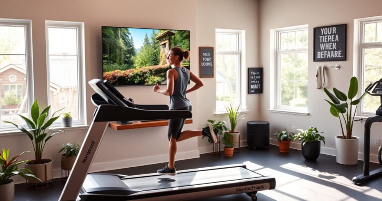 A sleek NordicTrack treadmill in a modern home gym, with a large flat-screen TV mounted on the wall, bright sunlight streaming through large windows. A person jogs happily, glancing at the screen displaying a vibrant nature show, surrounded by green plants and motivational gym decor, creating an inspiring workout atmosphere.