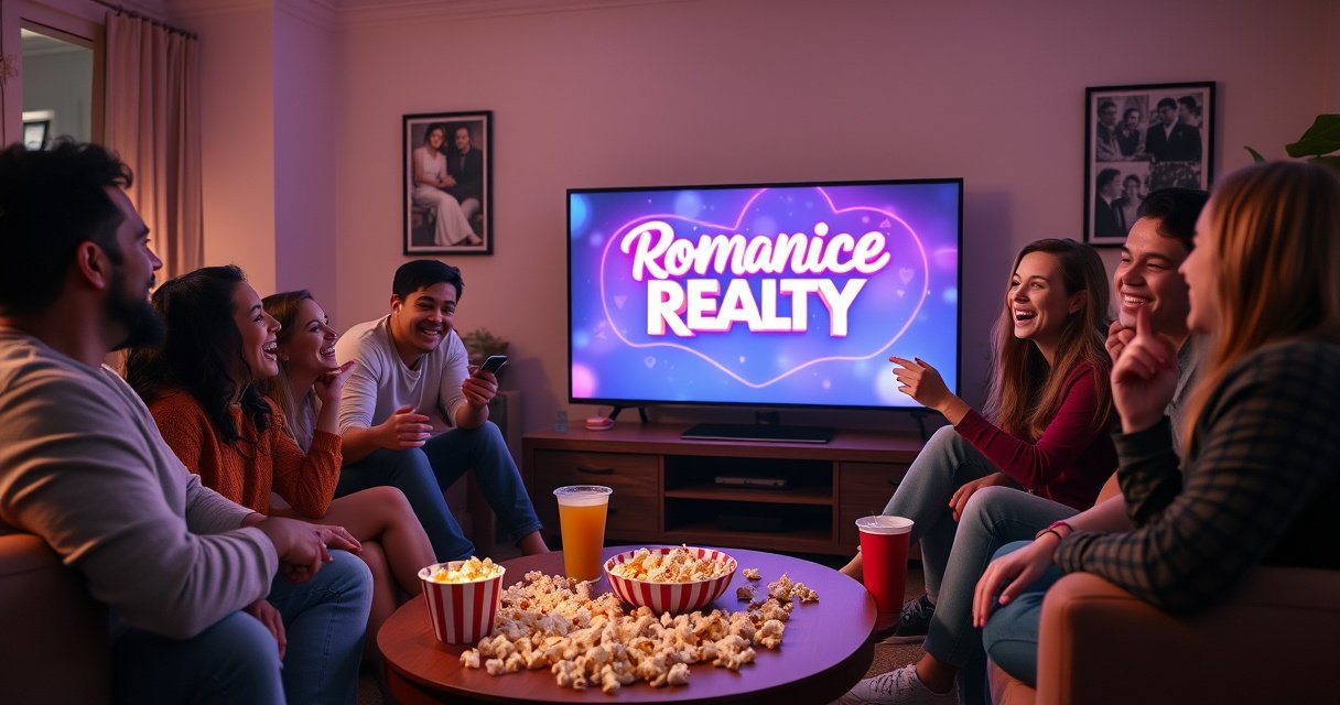 A cozy living room scene featuring a diverse group of friends gathered around a large TV, animatedly watching a romantic reality show. Popcorn and drinks scattered on a coffee table, vibrant colors of the show's logo glowing on the screen, with laughter and excitement reflected in their faces, creating an inviting atmosphere of friendship and fun.