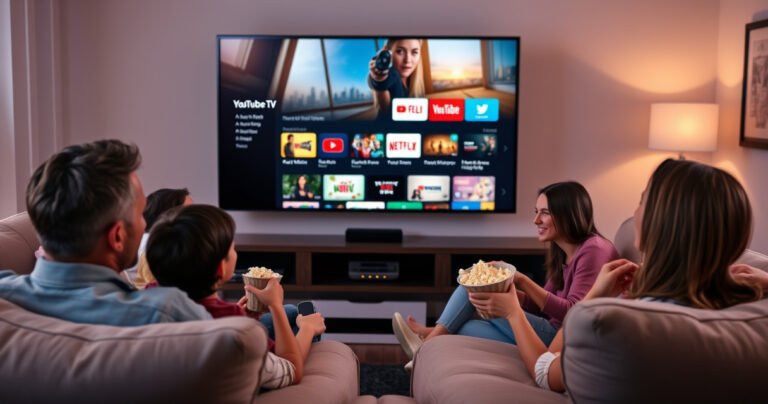 A cozy living room scene with a sleek Apple TV displaying the YouTube TV interface on a large screen, surrounded by plush sofas and soft ambient lighting. A family sits together, engaged and smiling, popcorn bowl in hand, with a subtle hint of colorful streaming icons in the background, evoking a modern entertainment vibe.