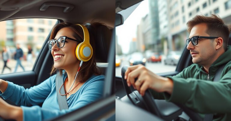 A split scene showing two drivers: one wearing large, colorful earphones, looking distracted and blissfully unaware of the road; the other focused and alert, with hands on the wheel and no distractions. Bright colors contrast with muted tones, illustrating the dangers of distraction versus the importance of safety, surrounded by a bustling urban backdrop.