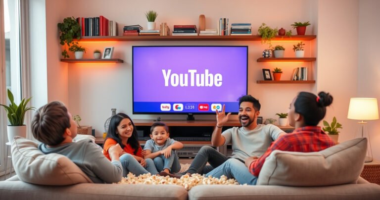 A vibrant living room scene with a cozy sofa, a family gathered around a large screen, watching YouTube TV together. Lively expressions on their faces, popcorn scattered about, and a warm glow from the TV reflecting on their faces. Shelves filled with books and plants add a homey touch, emphasizing the joy of shared entertainment.