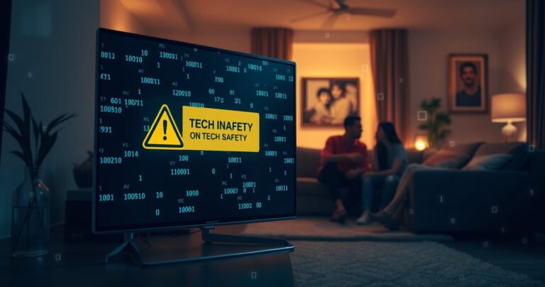A sleek, modern smart TV displaying a warning message on its screen, surrounded by ominous digital glitches and floating binary code. In the background, a cozy living room with a concerned family discussing tech safety, dimly lit with a warm glow. An air of tension contrasts with the inviting home atmosphere, symbolizing the hidden risks of technology.