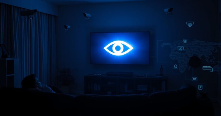 A dimly lit living room with a sleek Smart TV displaying a glowing eye symbol, surrounded by shadows. A figure sits on the couch, bathed in blue light, looking uneasy. Surveillance cameras hover in corners, hinting at hidden dangers, while digital data streams flow around, symbolizing privacy invasion. A sense of tension and vulnerability permeates the scene.