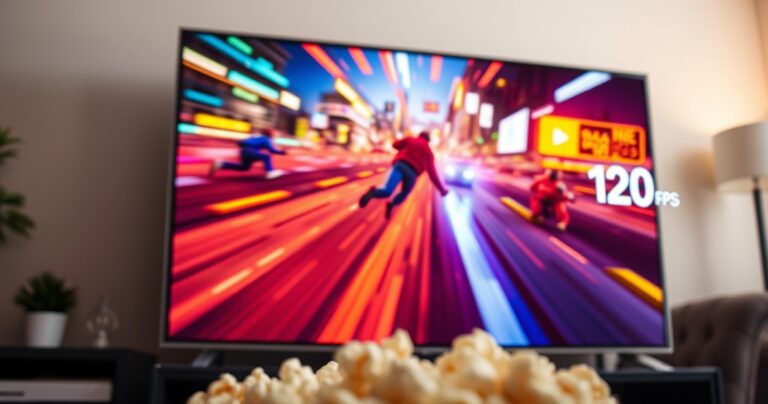 A close-up of a sleek, modern television displaying vibrant, fast-paced action from a video game, with a glowing frame and high-definition colors. The screen shows a dynamic scene filled with movement, while a digital gauge on the side indicates 120 FPS. A cozy living room setting adds warmth, with a bowl of popcorn in the foreground.