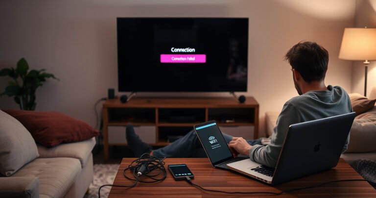 A frustrated person sitting on a modern couch, staring at a large LG TV displaying a "Connection Failed" message, surrounded by tangled cables and a smartphone with a WiFi signal issue. Soft ambient lighting highlights the cozy living room, while a laptop on the coffee table shows troubleshooting tips.