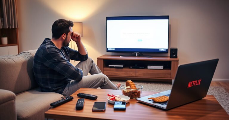 A frustrated user sitting on a modern living room couch, staring at a Samsung Smart TV displaying an error message. Surrounding them are scattered remote controls and a smartphone with the Netflix logo. Soft ambient lighting creates a cozy atmosphere, while a coffee table holds snacks and a laptop, symbolizing the search for solutions.