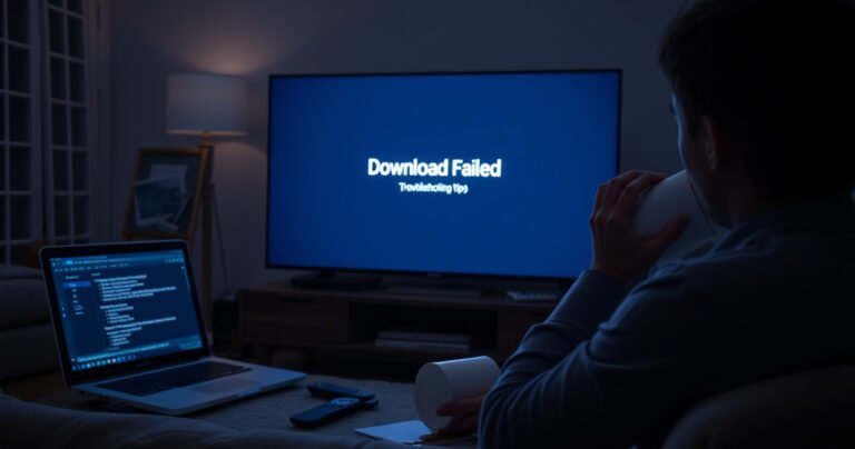 A frustrated user staring at a Samsung Smart TV displaying a "Download Failed" message, surrounded by scattered remote controls and a laptop showing troubleshooting tips. The dim living room is illuminated by the TV glow, with a coffee mug tipped over and spilled coffee, emphasizing the chaos of technology troubles.