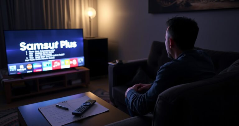A frustrated user sitting on a cozy couch, surrounded by a dimly lit living room, staring at a large Samsung TV displaying the "Samsung TV Plus" logo. The screen shows a glitchy interface, with colorful error messages. Nearby, a remote control lies on a coffee table, alongside a notepad filled with troubleshooting notes, evoking a sense of urgency and confusion.