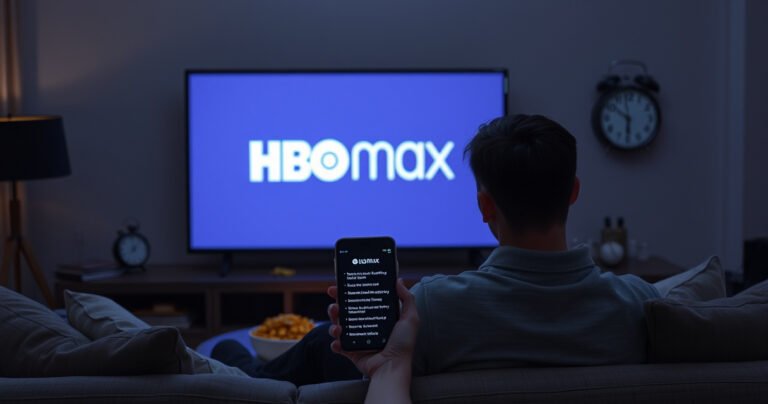 A frustrated person sitting on a cozy sofa, surrounded by snacks, staring at a blank LG TV screen with the HBO Max logo in the background. The room is dimly lit, reflecting a sense of urgency, with a smartphone in hand displaying troubleshooting tips. A subtle clock shows time ticking away, adding to the tension.