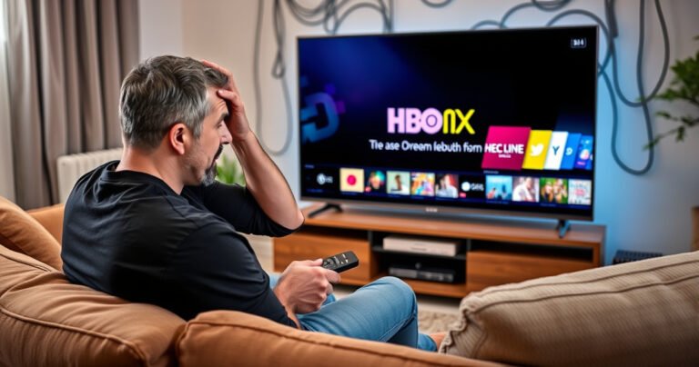 A frustrated person sitting in a cozy living room, surrounded by plush cushions and a sleek LG TV, scratching their head while holding a remote. The TV screen displays the HBO Max logo with an error message. A vibrant, colorful background of streaming icons and cables hints at the digital chaos.