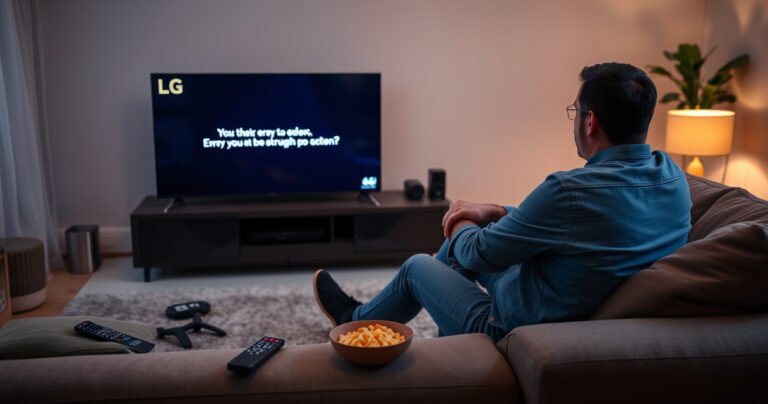 A frustrated individual sitting on a modern living room couch, staring at a sleek LG TV displaying a confusing error message. Surrounding them are remote controls, a scattered snack bowl, and a cozy atmosphere with warm lighting. The scene reflects a blend of technology and the challenge of troubleshooting, emphasizing the struggle to access streaming content.