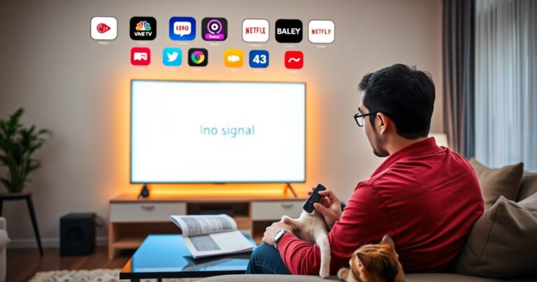 A frustrated person sitting in a cozy living room, surrounded by modern technology, staring at a blank LG Smart TV screen displaying a "no signal" message. Colorful streaming icons hover above, and a user manual lies open on a coffee table, while a playful cat curiously inspects the remote control nearby.