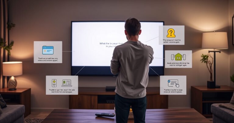 A frustrated user stands in front of a sleek LG Smart TV, the screen displaying an error message about missing apps. Surrounding them are colorful diagrams and icons of troubleshooting steps, with a cozy living room backdrop, soft lighting highlighting the tension. A remote control lies on the table, hinting at a search for solutions.