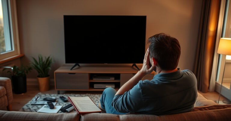 A frustrated person sitting in a cozy living room, staring at a dark Samsung TV screen. Surrounding them are scattered remote controls, a user manual, and a notepad filled with troubleshooting notes. Soft, warm lighting highlights a sense of urgency, while a window reveals a sunset outside, symbolizing hope for resolution.