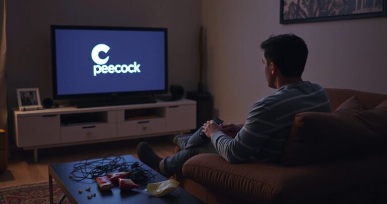 A frustrated person sitting on a cozy couch, surrounded by tangled cables and a remote, staring at a blank TV screen displaying the Peacock logo. The room is dimly lit, with snacks scattered on a coffee table, highlighting the struggle of connecting to their favorite streaming service.