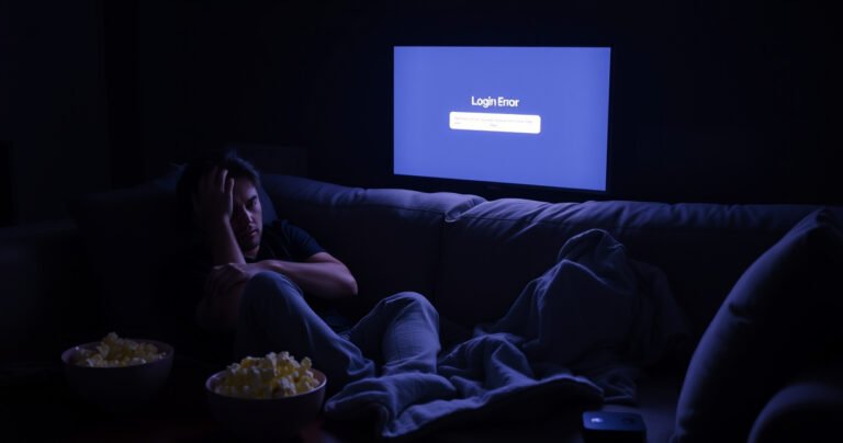 A frustrated user sitting on a cozy couch, illuminated by the glow of an Apple TV screen displaying a "Login Error" message. Surrounding them are empty popcorn bowls and a remote in hand, while a soft blanket drapes over their lap. A darkened room enhances the feeling of isolation amidst the anticipation of binge-watching.