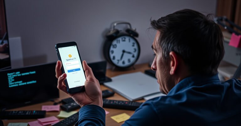 A frustrated user staring at a glowing smartphone screen displaying the Spectrum TV app login page, surrounded by digital error messages and a cluttered desk with scattered remote controls and sticky notes. Soft, ambient lighting highlights the user’s expression of confusion, while a clock ticks ominously in the background, emphasizing urgency and the need for a solution.